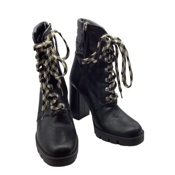 Zara Black Leather Chunky Heel Lace-Up Ankle Boots Side Zipper EU37 - Picture 2 of 8